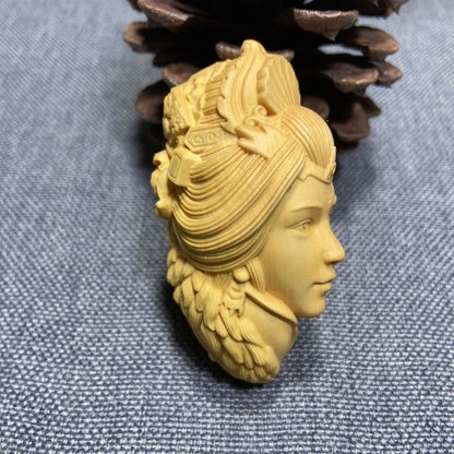 Natural Boxwood Carved Chinese Beauty Girl Statue Pendant