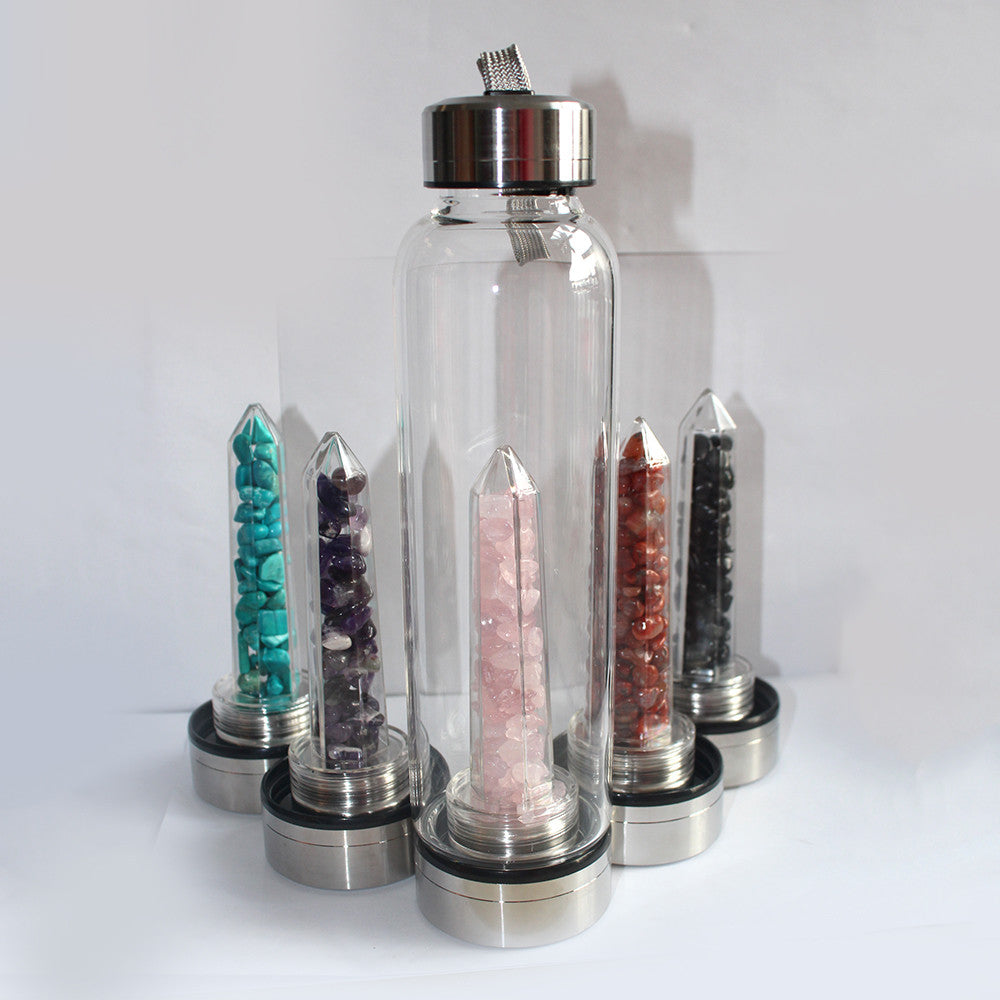 Natural Quartz Crystal Gravel Gemstone Healing Glass Energy Elixir Water Bottle
