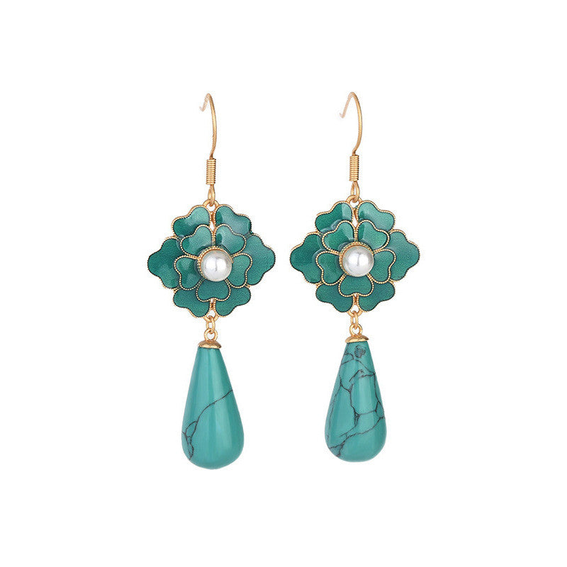 Jingtai Blue Camellia Dian Cui Pearl Earrings Imitation of pine stone