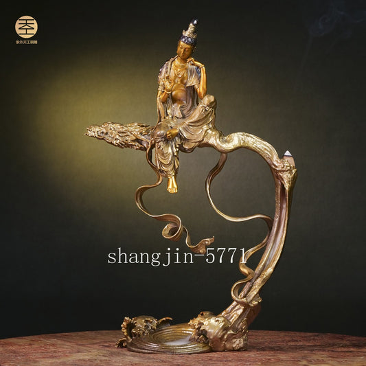Brass Avalokitesvara Dragon Statue Incense Censer Burner Zen Home Decorative