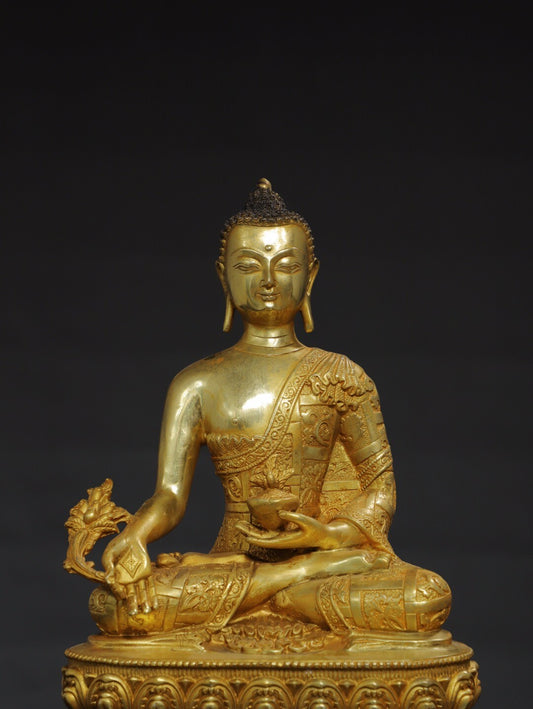 11" Old Antique Tibetan Buddhism Temple Bronze 24k Gilt Medicine Buddha Statue