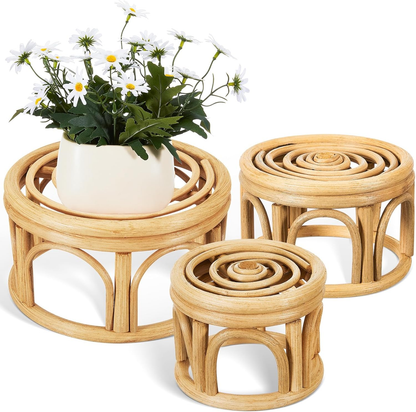 Woven Rattan Plant Stand Wicker Riser Stand Indoor Outdoor Home Decor Set of 3