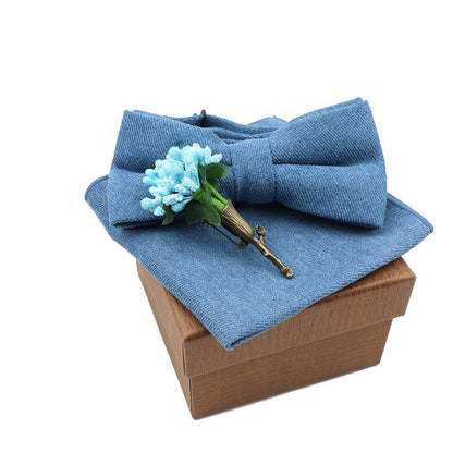 Men Bow Ties 3Pcs Cotton Handkerchief Flower Brooch Women Party Wedding Necktie