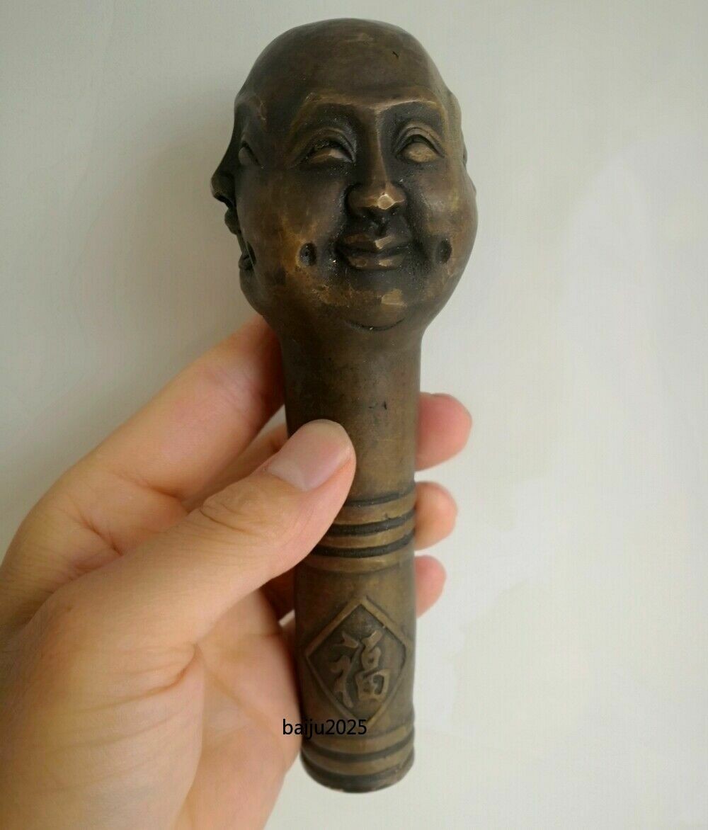 Brass Four-Face Buddha Head Walking Stick Cane Handle Top Topper