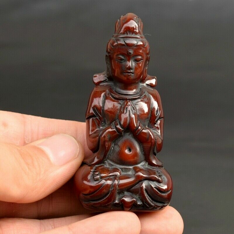 2.8" Buddha Statue Pendant Yak Horn Carved Kwan-Yin Bodhisattva