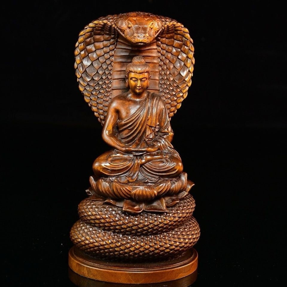 Old Boxwood Carved Snake Buddha Serpent Statue Buddhism Sculpture Decor