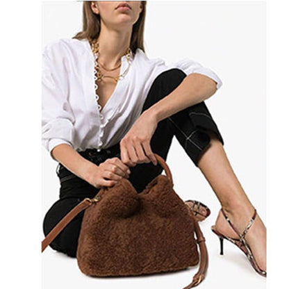 Genuine Leather Bag Lamb Wool Commuter Bag Real Leather Purse Bucket Bags Hasp
