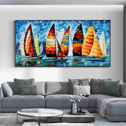 Large Sailboat Oil Painting Handmade Canvas Colorful Harbor Painting Nautical
