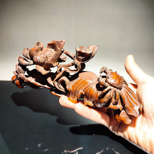 vintage carved wooden decor wood carving sculpture Crab statue lotus root home