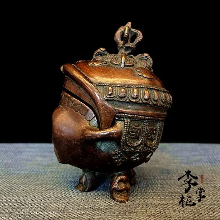 5" Old Nepal Temple Skull Vajra Scripture Sutra Bowl Kapala Skull Cup
