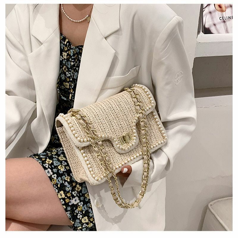 Women Bag Chain Straw Summer Pearl Hand Woven Straw Shoulder Bags Small Square