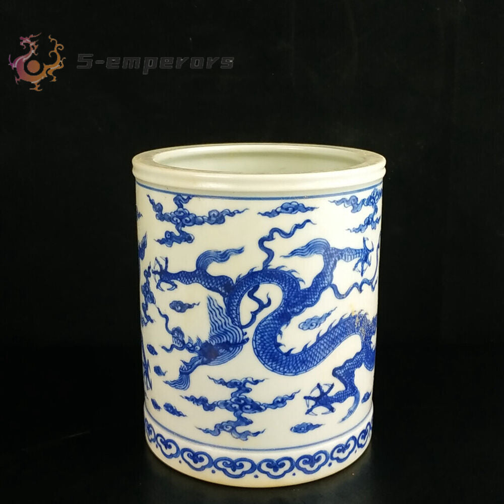 Chinese Blue&white Porcelain Handpainted Dragon Pattern Brush Pot