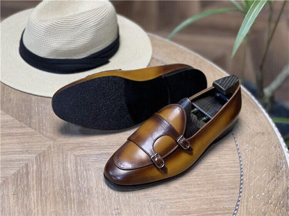 Men Loafers Leather Round Toe Low Heel Double Buckle Business Dress Shoes