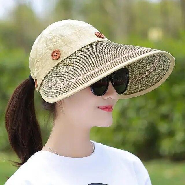 Women Large Brim Floppy Hat Wide Straw Button Caps Summer Beach Sun Visor Hats