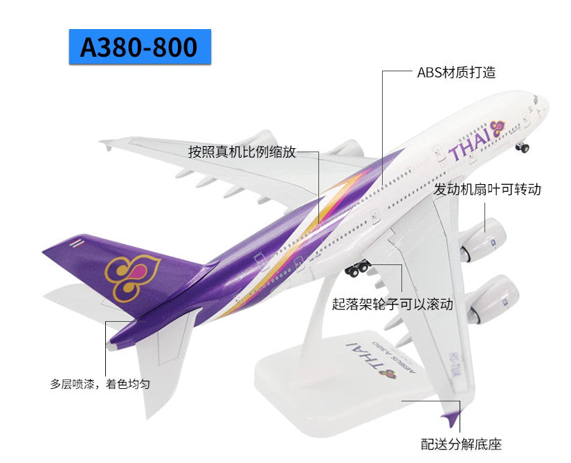 1:200 37CM RISESOON THAI Airbus A380-800 Passenger Plane ABS Plastic Plane Model