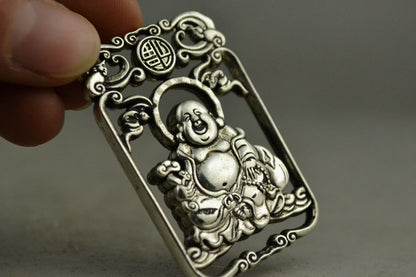 Chinese Collection Handmade Old Miao Silver Carved Maitreya Buddha Pendant -