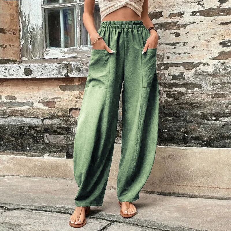 Women Summer Ice Silk Pocket Wide Leg Baggy Pants Elastic High Waist Trousers
