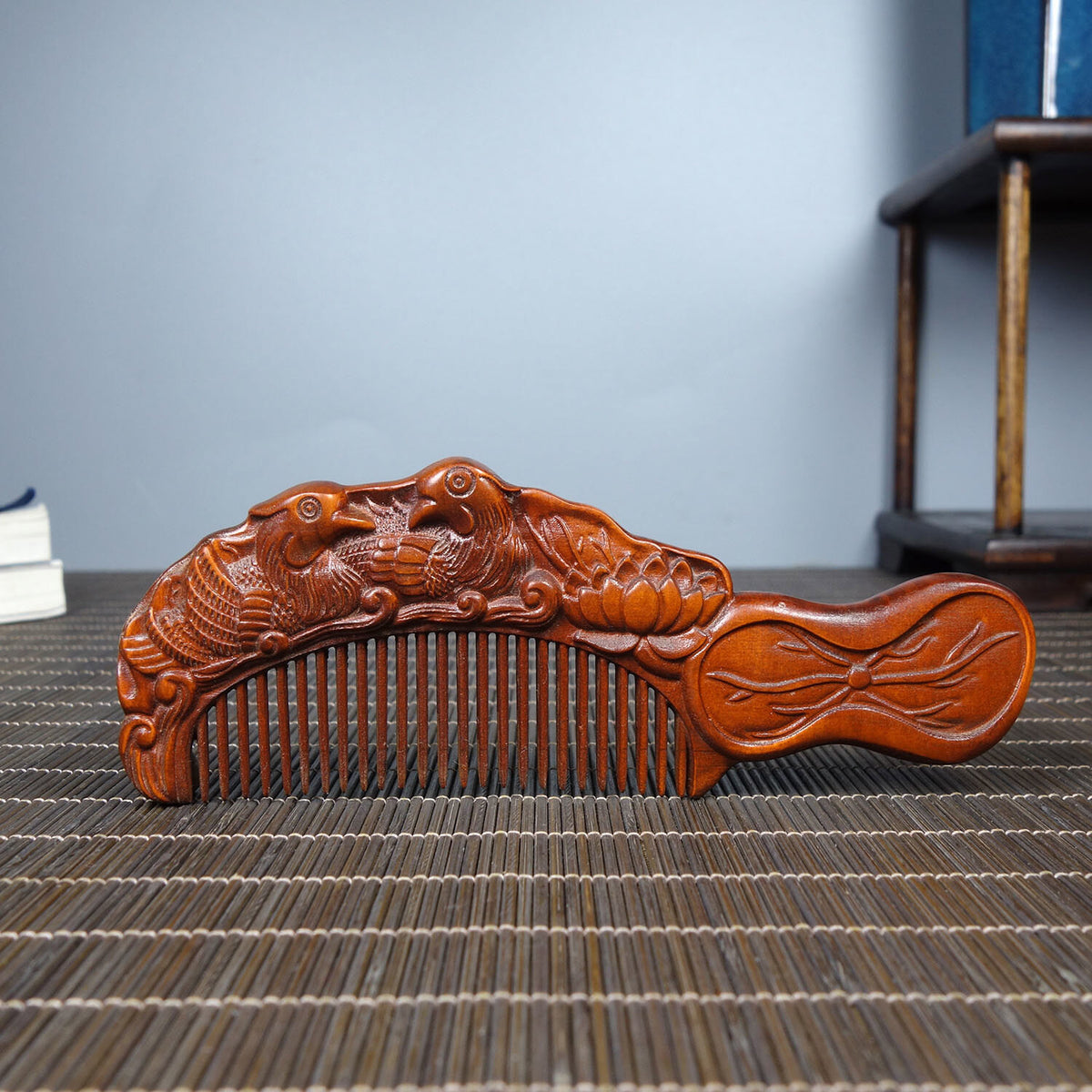 12cm Chinese Vintage Wood Carving Mandarin Duck Boxwood Comb Statue Nice Art