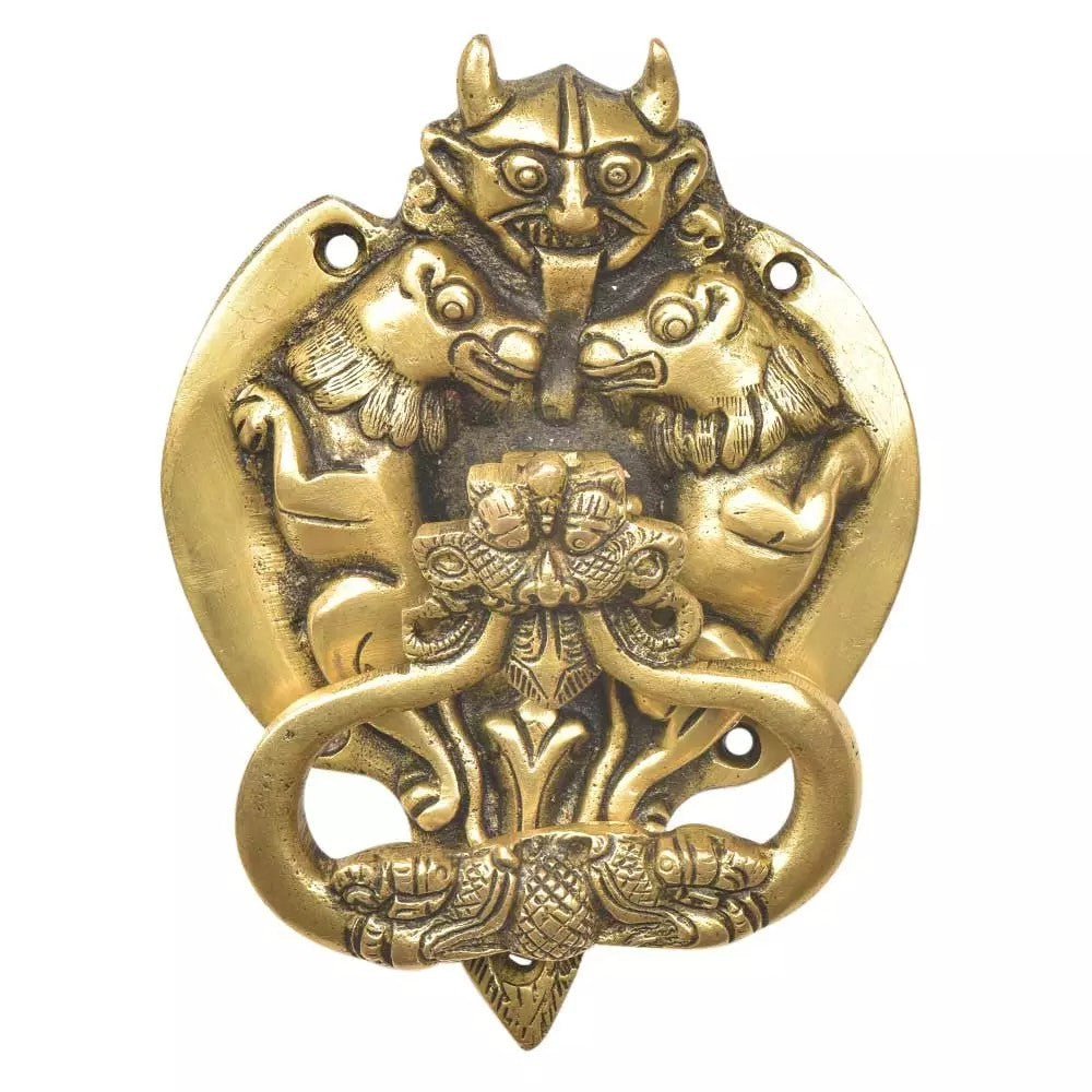 Antique Look Brass Demon Two Lions Dragon Head Door Knocker Door Bell Home Decor
