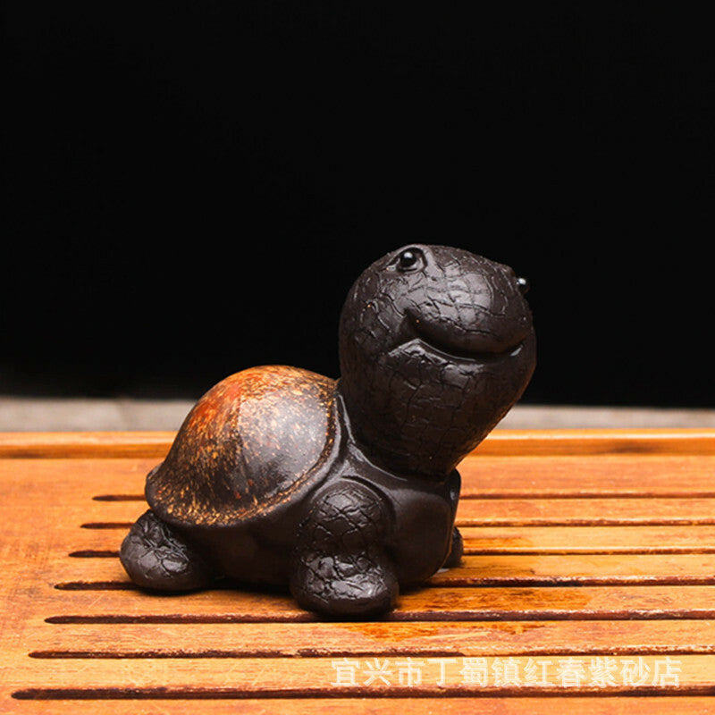 Chinese Yixing Zisha Black Mud Pottery Lovable Small Tortoise Tea Pet Statues