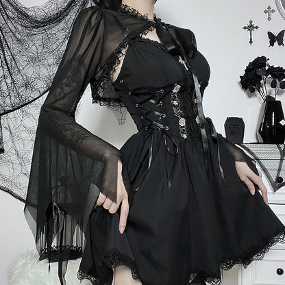 Women Sexy Gothic Long Flare Sleeve Lace Shrug Retro Steampunk Crop Top Cardigan
