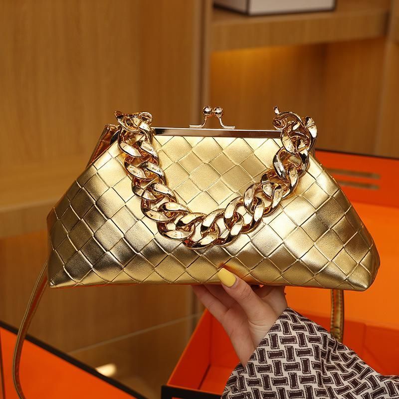 Leather Weave Handbag Thick Chain Handle Dumpling Shape Crossbody Purse 32*15*11