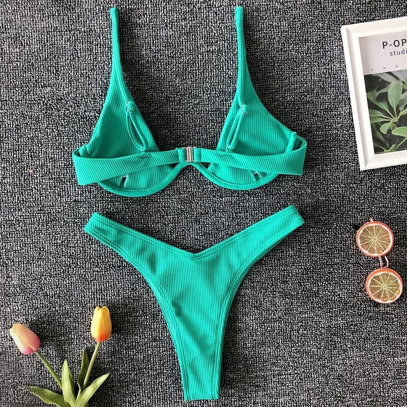 Women Swimsuit V-bar Underwired Ribbed Thong Swimwear Two-pieces Bikini Push Up