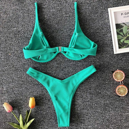 Women Swimsuit V-bar Underwired Ribbed Thong Swimwear Two-pieces Bikini Push Up
