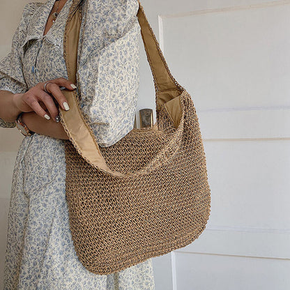 Women Woven Straw Shoulder Bag Large Summer Beach Bag Handbag Tote with Zipper#