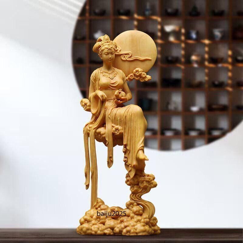 7" Chinese Boxwood Huang-yang Wood Carving Goddess Chang's Fly Moon Statue Decor