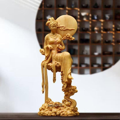 7" Chinese Boxwood Huang-yang Wood Carving Goddess Chang's Fly Moon Statue Decor