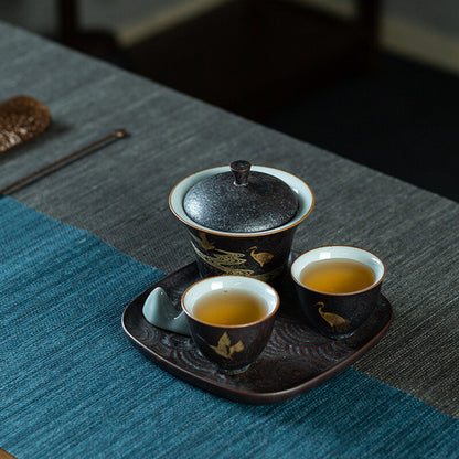 5pcs/lot Pottery Teaset Gaiwan Matching Teacup Crane Relief Tea Plate Brush Rack