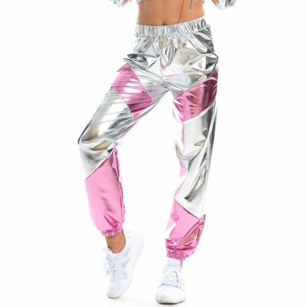Women Pants Long Pockets High Waist Loose Holographic Patchwork Trousers Jogger