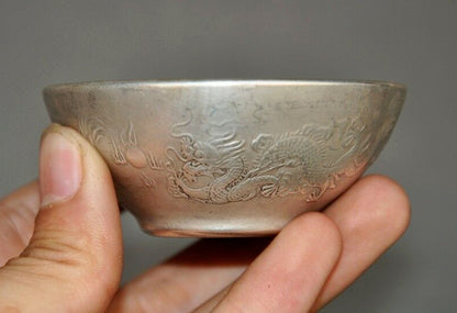 2.8" Chinese Tibetan Silver Dragons Dragon Loong Statue Tea Cup Bowl Collect New