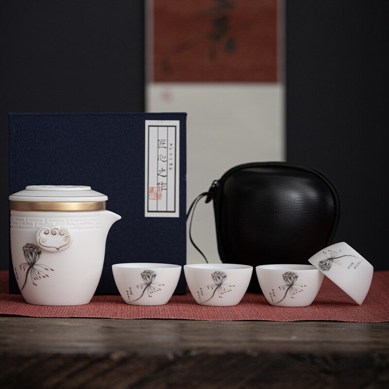 Mutton Fat Jade Porcelain Travel Tea Set With Portable Bag China Tea Pot Cup New