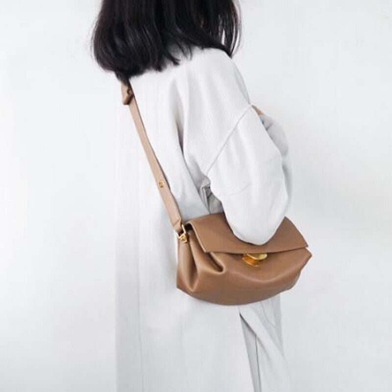 Fashion Split Leather Bag Shoulder Messenger Handbag Beige Flap Crossbody Bags