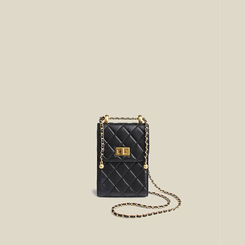 Quilted Lambskin Leather Adjustable Chain Coin Purse Phone Bag Small Flap Wallet