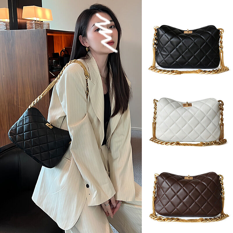Small Quilted Sheepskin Leather Shoulder Bag Clutch Purse w/ Chain Strap Fashion