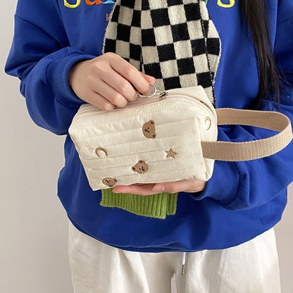 Embroidery Bear Makeup Bag Cotton Canvas Zipper Cosmetic Organizer Pouch Cases