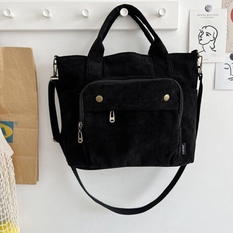 Women Corduroy Shoulder Tote Handbag Canvas Bags Zipper Crossbody Bag