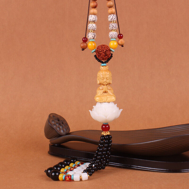 Boxwood Carved Lotus Buddha Guanyin Car Pendant Figurines Hanging Decor