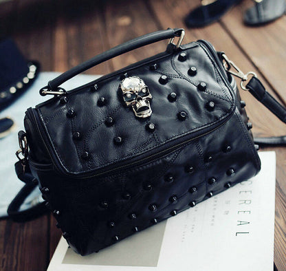 Real Split Sheep Leather Messenger Bag Rivet Skull Handbag Travel Crossbody