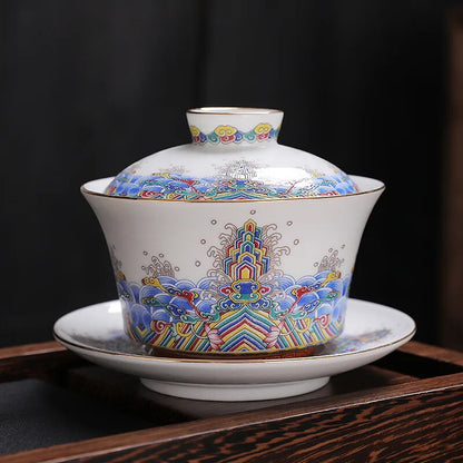 240ml Chinese Ceramic Gaiwan Enamel Sancai Gaiwan Large Single Teacup