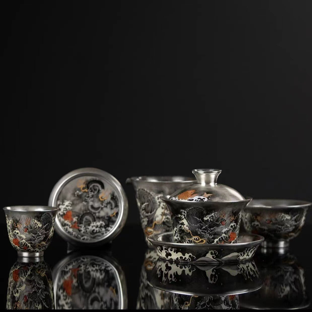 Chinese Tea Set Dragon Design Pure Silver + Porcelain Gaiwan Pitcher Tea Cup Mat