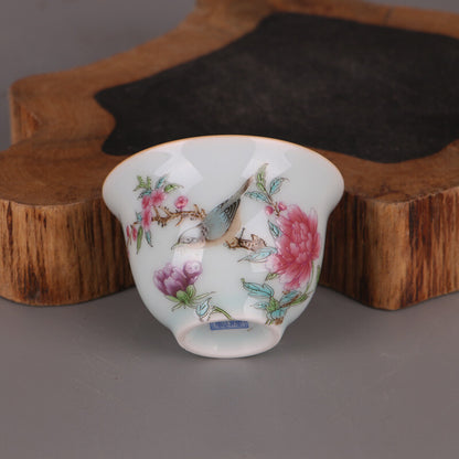 2.4" Chinese Qing Doucai Contrasting Colors Porcelain Branch Aniaml Bird Cup