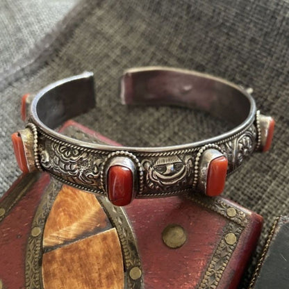 Tibetan Nepalese Bangle Adjustable Eight Treasures Red Inlay Bracelet