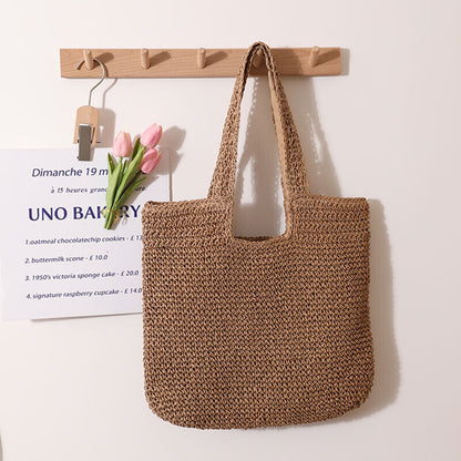 Versatile Large Straw Bag Hand-Crocheted Woven Portable One-Shoulder Beach Bag