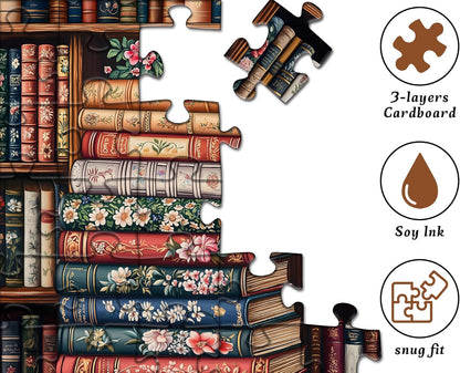 Vintage Book Puzzles for Adults 1000 Pieces, Bookshelf Wildflower Pages Jigsaw P
