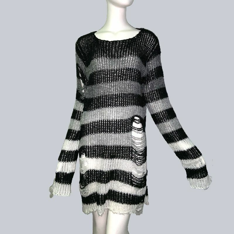 Unisex Sweater Plus Size Punk Long Dress Hollow Hole Broken Jumper Loose Thin