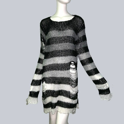 Unisex Sweater Plus Size Punk Long Dress Hollow Hole Broken Jumper Loose Thin